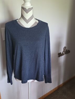 Nine West Long Sleeve Rib Neck Pullover Soft Knit Top Indigo Large